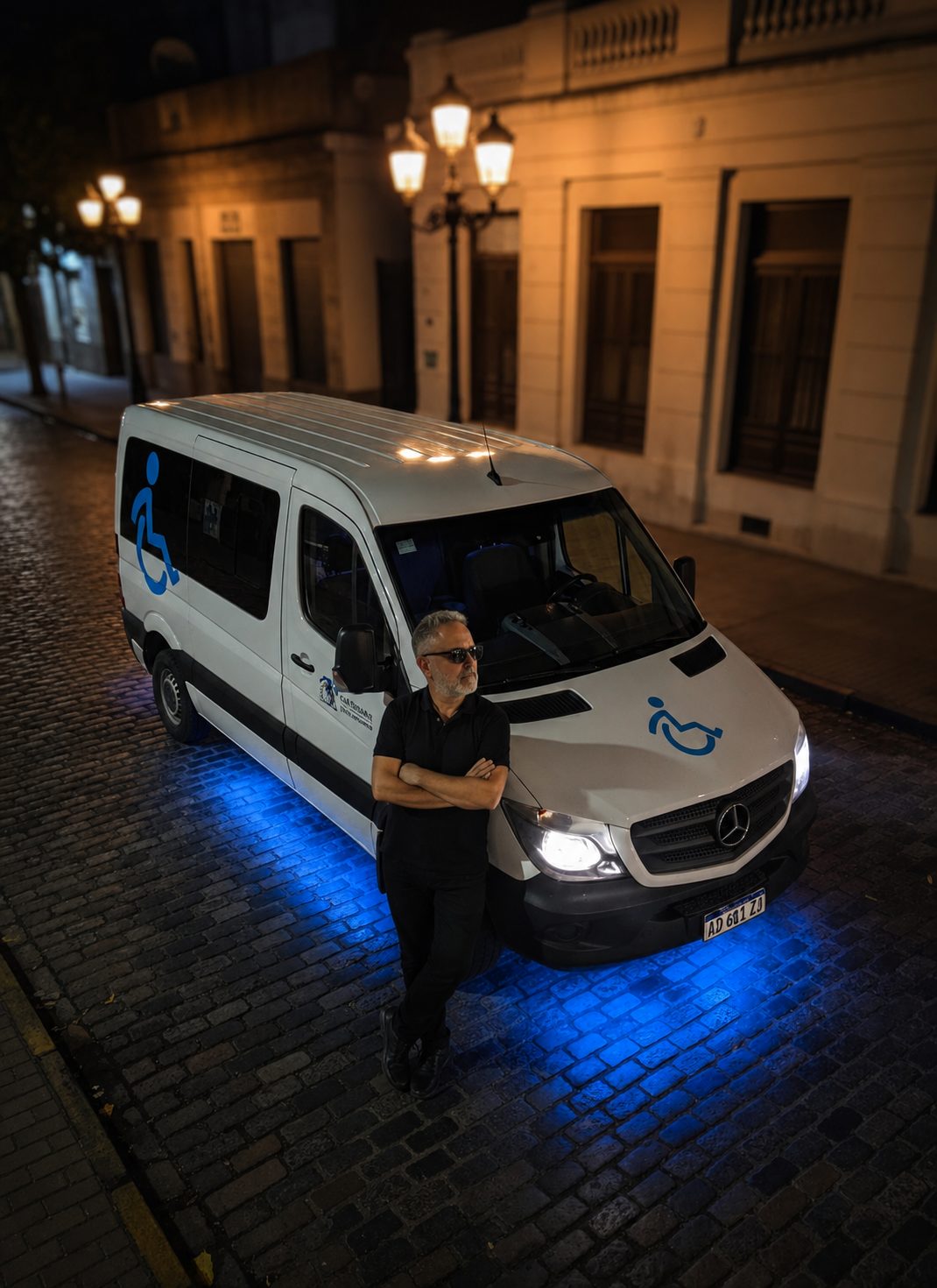 Unidad de noche con el conductor junto al vehículo